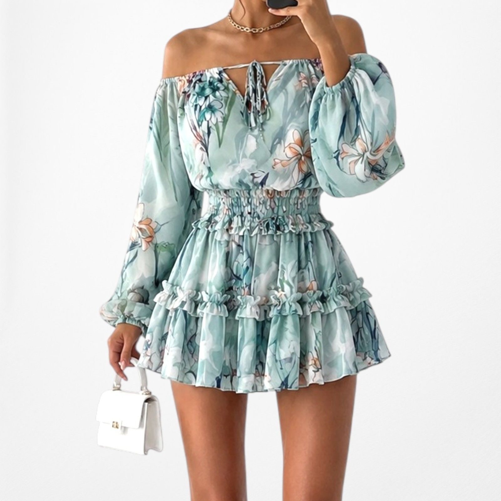 Vintage Y2k Blue Floral Off The Shoulder Long Puffy Sleeve Mini Dress Size Xs